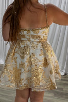 Load image into Gallery viewer, Sparkly Yellow A-Line Floral Spaghetti Straps Mini Cocktail Dress