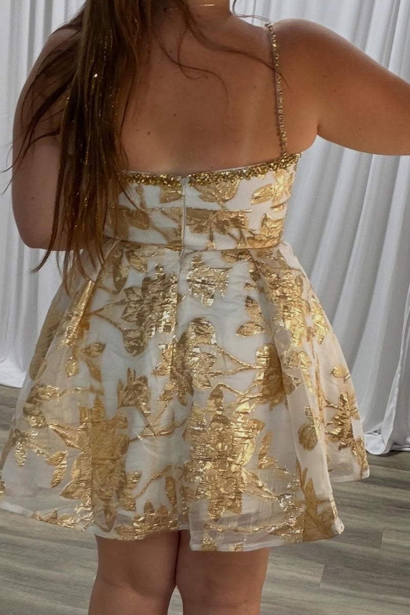 Load image into Gallery viewer, Sparkly Yellow A-Line Floral Spaghetti Straps Mini Cocktail Dress