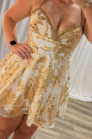 Load image into Gallery viewer, Sparkly Yellow A-Line Floral Spaghetti Straps Mini Cocktail Dress