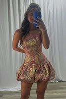 Load image into Gallery viewer, Sparkly Gold Floral A Line Strapless Mini Cocktail Dress with Beading