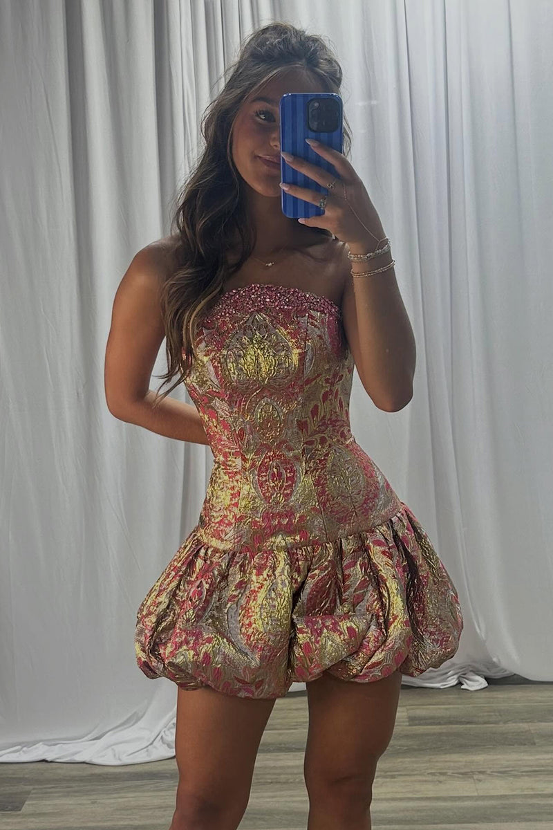 Load image into Gallery viewer, Sparkly Gold Floral A Line Strapless Mini Cocktail Dress with Beading