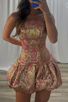 Load image into Gallery viewer, Sparkly Gold Floral A Line Strapless Mini Cocktail Dress with Beading
