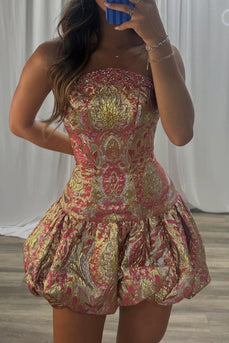 Sparkly Gold Floral A Line Strapless Mini Cocktail Dress with Beading