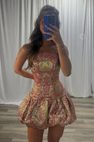 Load image into Gallery viewer, Sparkly Gold Floral A Line Strapless Mini Cocktail Dress with Beading