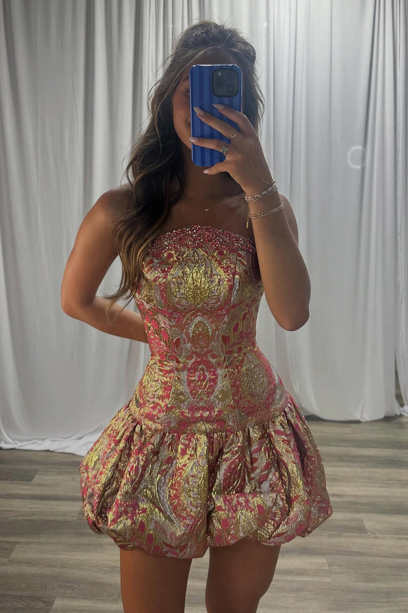 Load image into Gallery viewer, Sparkly Gold Floral A Line Strapless Mini Cocktail Dress with Beading