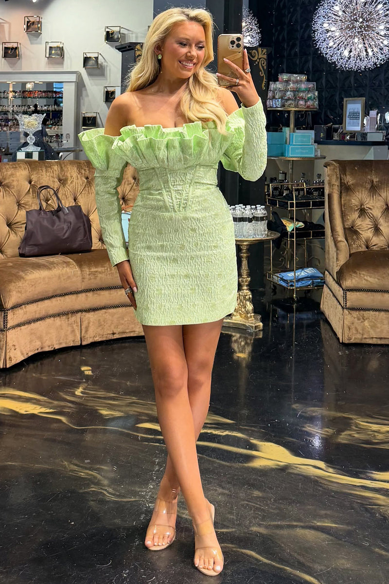 Load image into Gallery viewer, Green Off the Shoulder Corset Tight Ruffled Mini Cocktail Dress with Sleeves