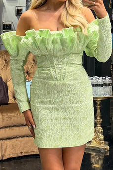 Green Off the Shoulder Corset Tight Ruffled Mini Cocktail Dress with Sleeves