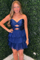 Load image into Gallery viewer, Sparkly Navy Cut Out Sweetheart Ruffled Short Cocktail Dress with Beading