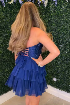 Sparkly Navy Cut Out Sweetheart Ruffled Short Cocktail Dress with Beading