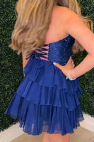 Load image into Gallery viewer, Sparkly Navy Cut Out Sweetheart Ruffled Short Cocktail Dress with Beading