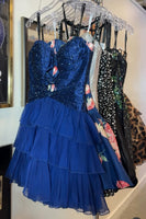 Load image into Gallery viewer, Sparkly Navy Cut Out Sweetheart Ruffled Short Cocktail Dress with Beading