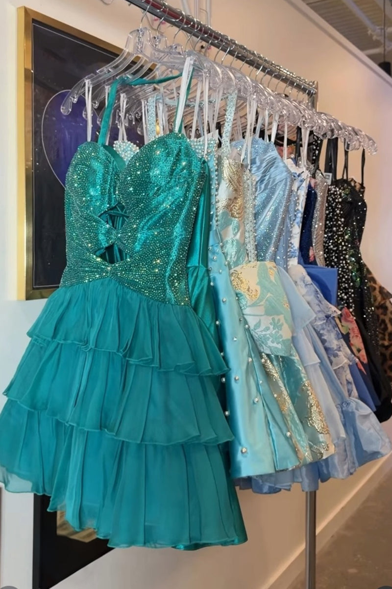 Load image into Gallery viewer, Sparkly Navy Cut Out Sweetheart Ruffled Short Cocktail Dress with Beading