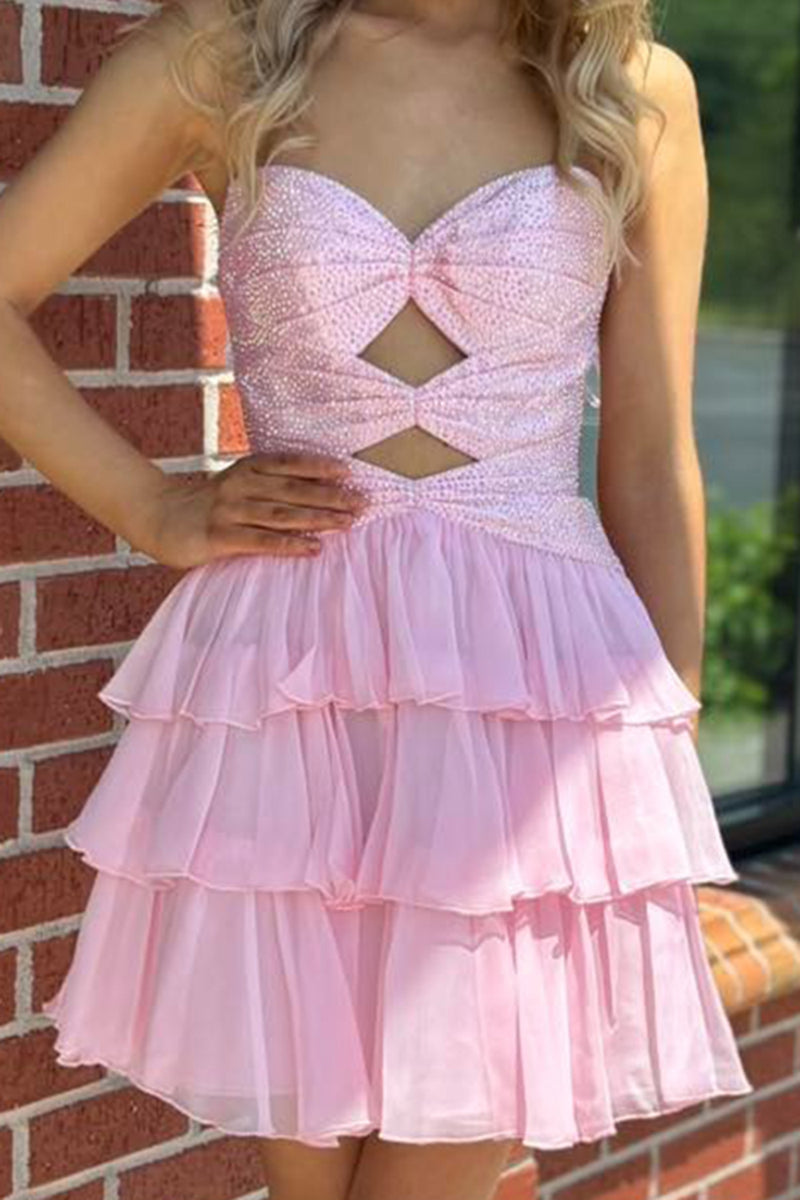 Load image into Gallery viewer, Sparkly Navy Cut Out Sweetheart Ruffled Short Cocktail Dress with Beading