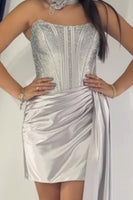 Load image into Gallery viewer, Sparkly Grey Strapless Corset Tight Mini Cocktail Dress with Side Cape