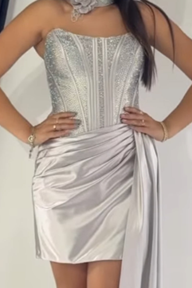 Load image into Gallery viewer, Sparkly Grey Strapless Corset Tight Mini Cocktail Dress with Side Cape