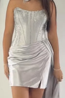 Load image into Gallery viewer, Sparkly Grey Strapless Corset Tight Mini Cocktail Dress with Side Cape