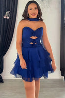 Load image into Gallery viewer, Navy Ruffled A Line Strapless Short Cocktail  Dress with 3D Flowers