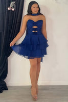 Load image into Gallery viewer, Navy Ruffled A Line Strapless Short Cocktail  Dress with 3D Flowers