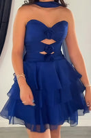 Load image into Gallery viewer, Navy Ruffled A Line Strapless Short Cocktail  Dress with 3D Flowers