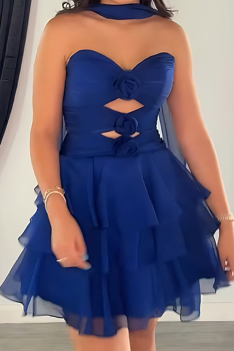 Load image into Gallery viewer, Navy Ruffled A Line Strapless Short Cocktail  Dress with 3D Flowers