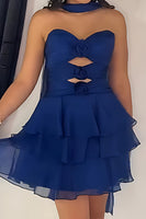 Load image into Gallery viewer, Navy Ruffled A Line Strapless Short Cocktail  Dress with 3D Flowers