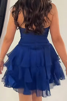 Load image into Gallery viewer, Navy Ruffled A Line Strapless Short Cocktail  Dress with 3D Flowers