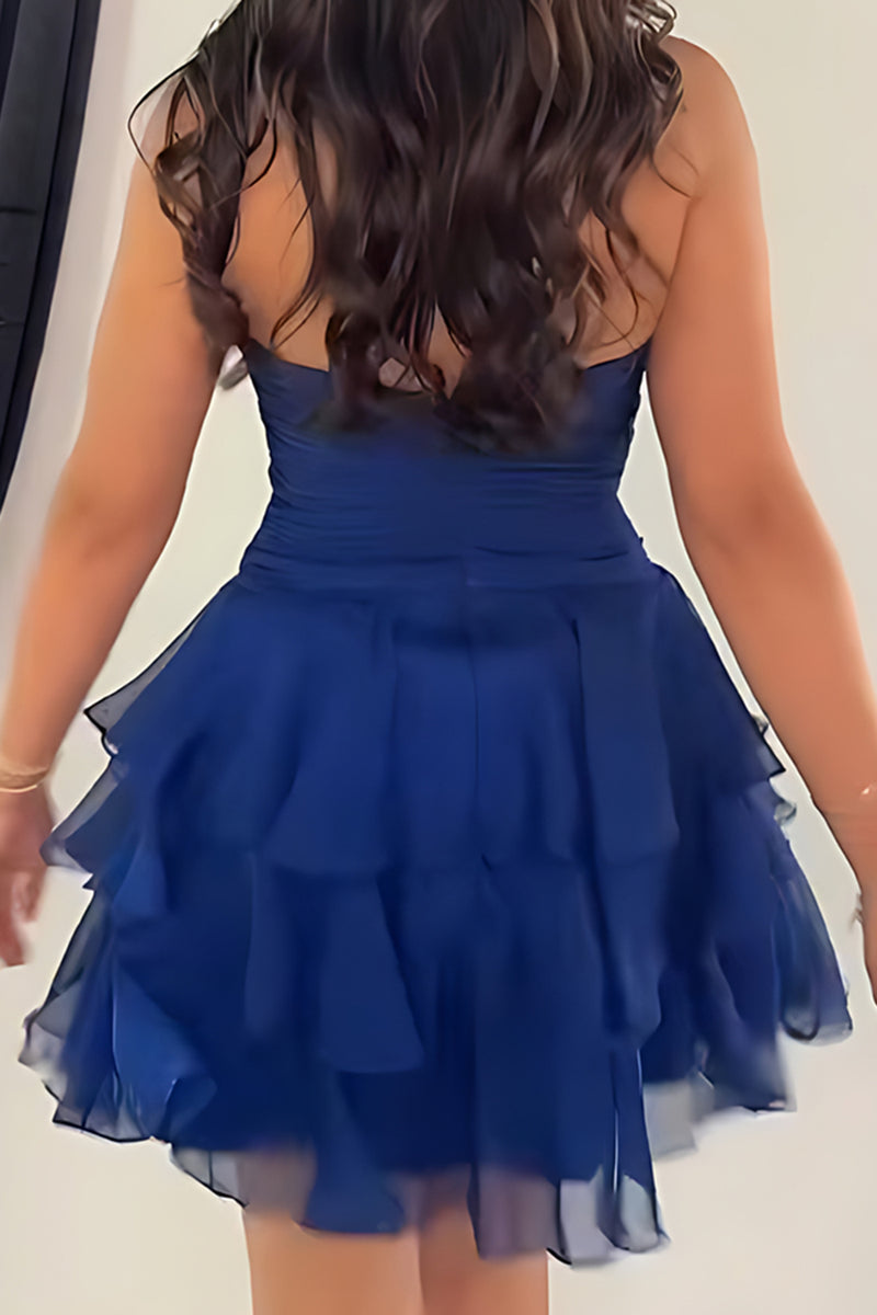 Load image into Gallery viewer, Navy Ruffled A Line Strapless Short Cocktail  Dress with 3D Flowers