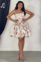 Load image into Gallery viewer, Floral Light Green A Line Corset Strapless Mini Bubble Cocktail Dress with Bows
