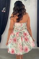 Load image into Gallery viewer, Floral Light Green A Line Corset Strapless Mini Bubble Cocktail Dress with Bows