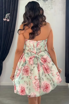 Floral Light Green A Line Corset Strapless Mini Bubble Cocktail Dress with Bows