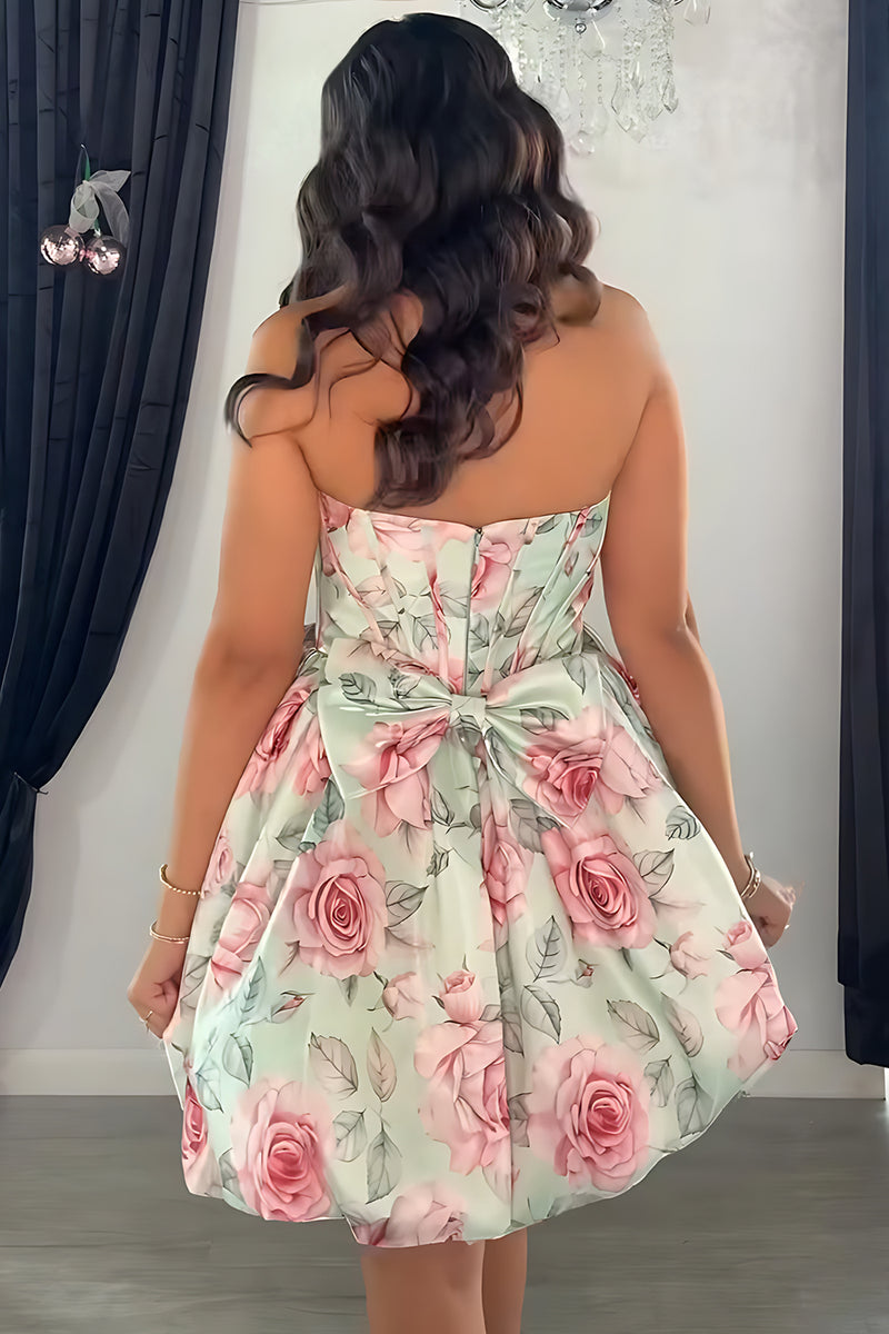 Load image into Gallery viewer, Floral Light Green A Line Corset Strapless Mini Bubble Cocktail Dress with Bows
