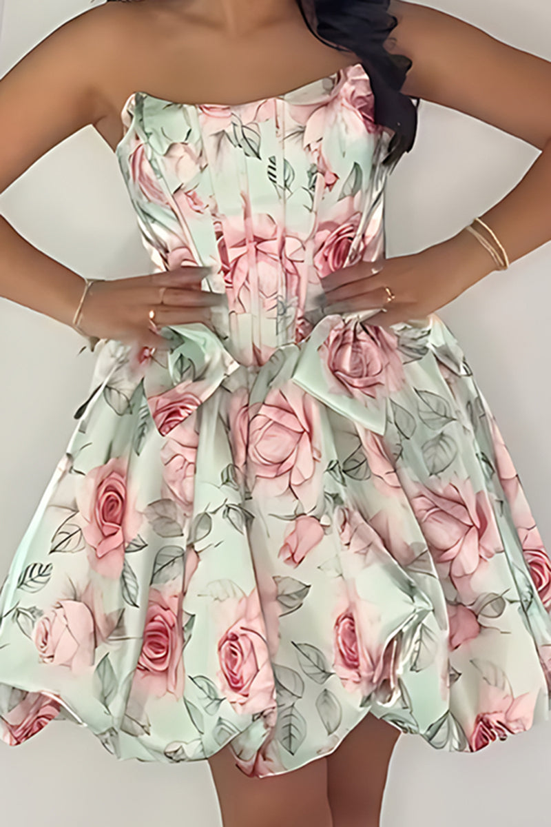 Load image into Gallery viewer, Floral Light Green A Line Corset Strapless Mini Bubble Cocktail Dress with Bows