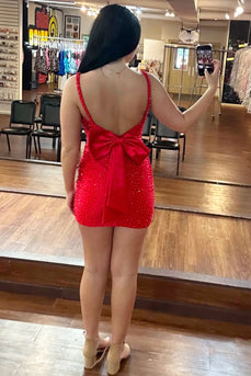 Sparkly Red Bodycon Beaded Mini Cocktail Dress with Bow