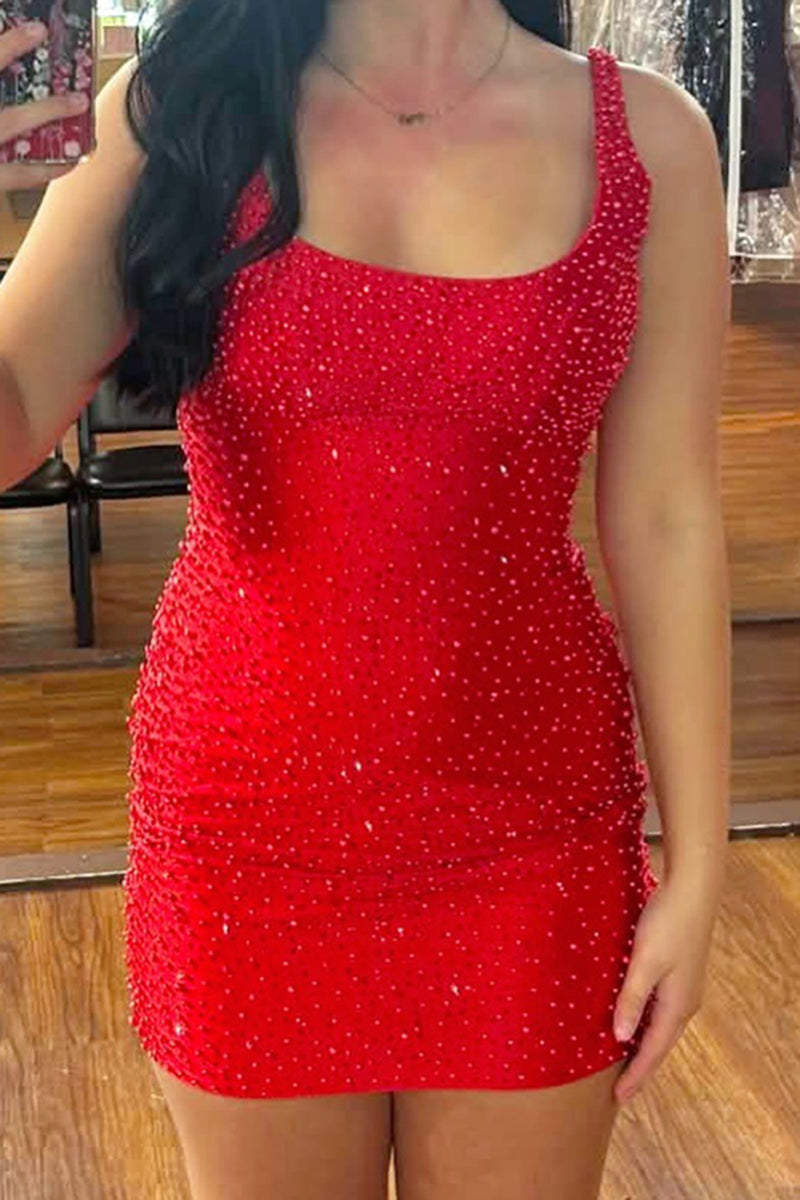 Load image into Gallery viewer, Sparkly Red Bodycon Beaded Mini Cocktail Dress with Bow