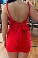 Load image into Gallery viewer, Sparkly Red Bodycon Beaded Mini Cocktail Dress with Bow