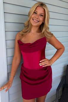 Burgundy Ruched Satin Bodycon Draped Short Cocktail Dress
