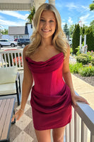 Load image into Gallery viewer, Burgundy Ruched Satin Bodycon Draped Short Cocktail Dress