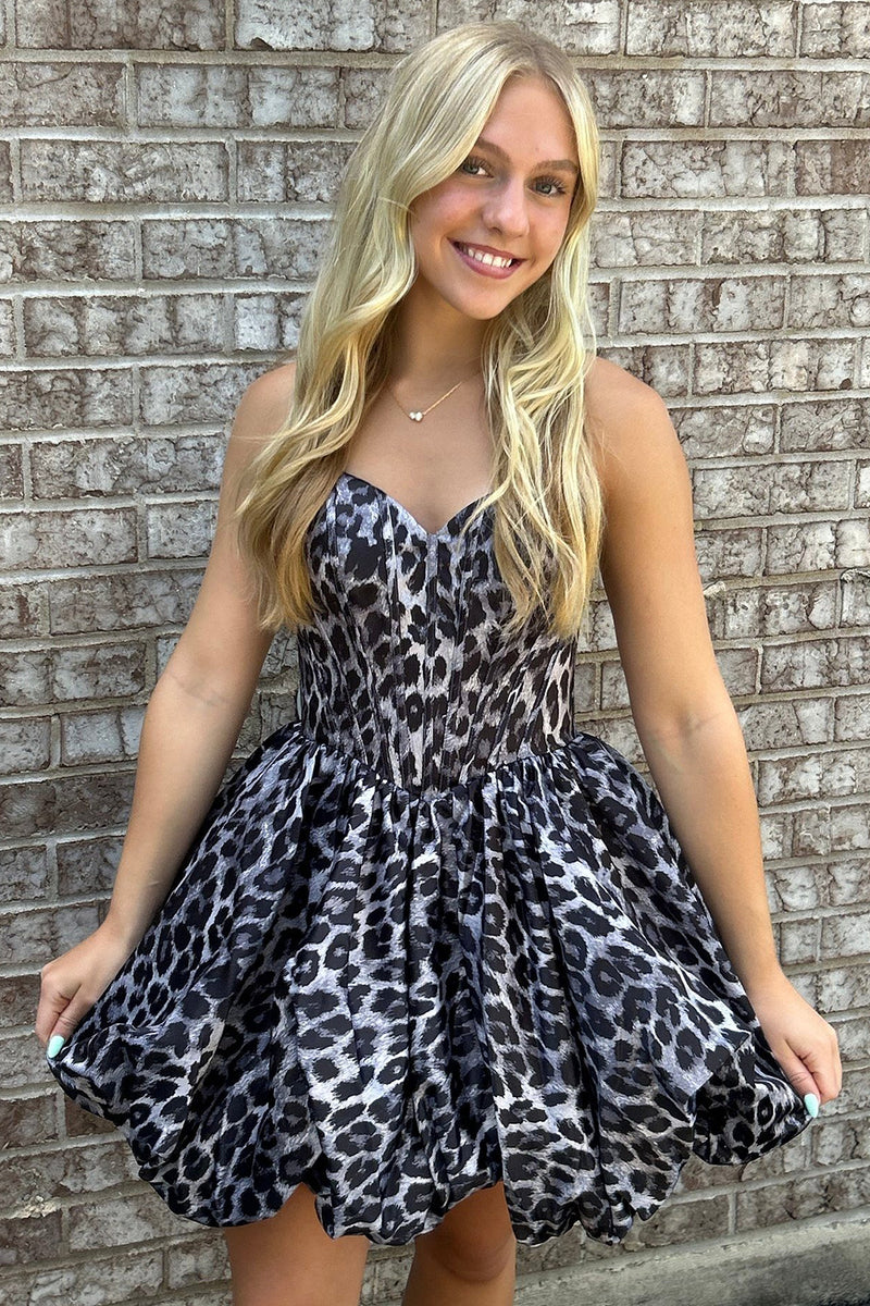 Load image into Gallery viewer, Black Leopard Sweetheart Corset A Line Printed Mini Cocktail Dress