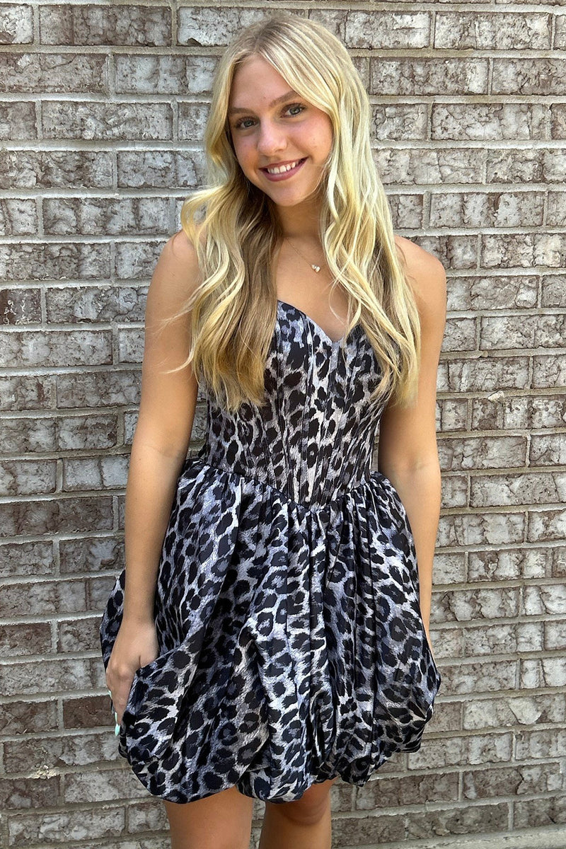 Load image into Gallery viewer, Black Leopard Sweetheart Corset A Line Printed Mini Cocktail Dress