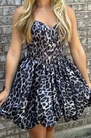Load image into Gallery viewer, Black Leopard Sweetheart Corset A Line Printed Mini Cocktail Dress