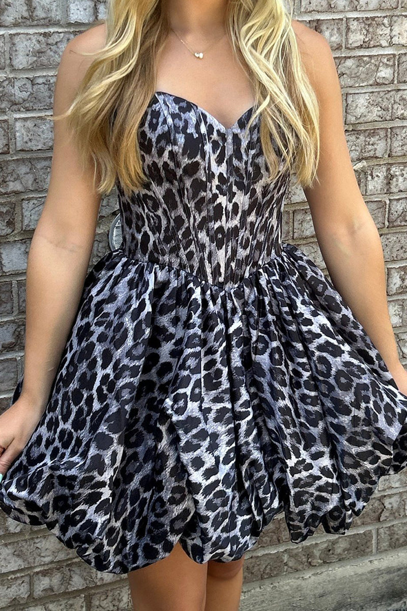 Load image into Gallery viewer, Black Leopard Sweetheart Corset A Line Printed Mini Cocktail Dress