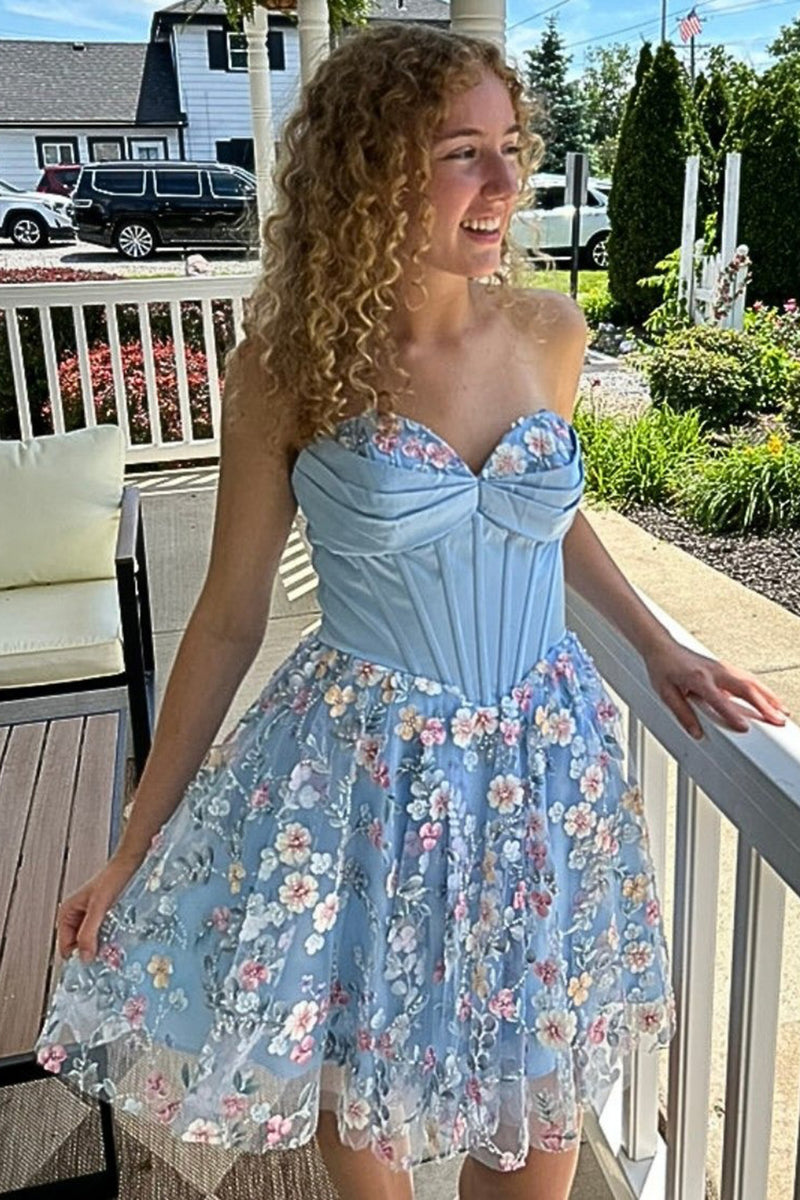 Load image into Gallery viewer, Floral Blue Corset Sweetheart A Line Short Cocktail Dress
