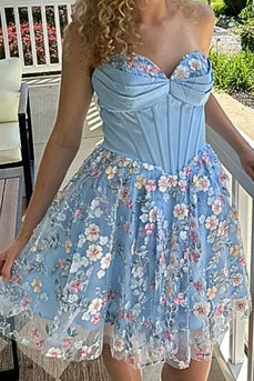 Floral Blue Corset Sweetheart A Line Short Cocktail Dress