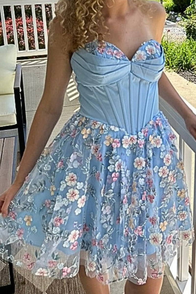 Load image into Gallery viewer, Floral Blue Corset Sweetheart A Line Short Cocktail Dress