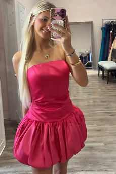 Fuchsia A Line Satin Strapless Mini Cocktail Dress