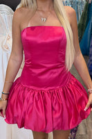 Load image into Gallery viewer, Fuchsia A Line Satin Strapless Mini Cocktail Dress
