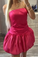 Load image into Gallery viewer, Fuchsia A Line Satin Strapless Mini Cocktail Dress