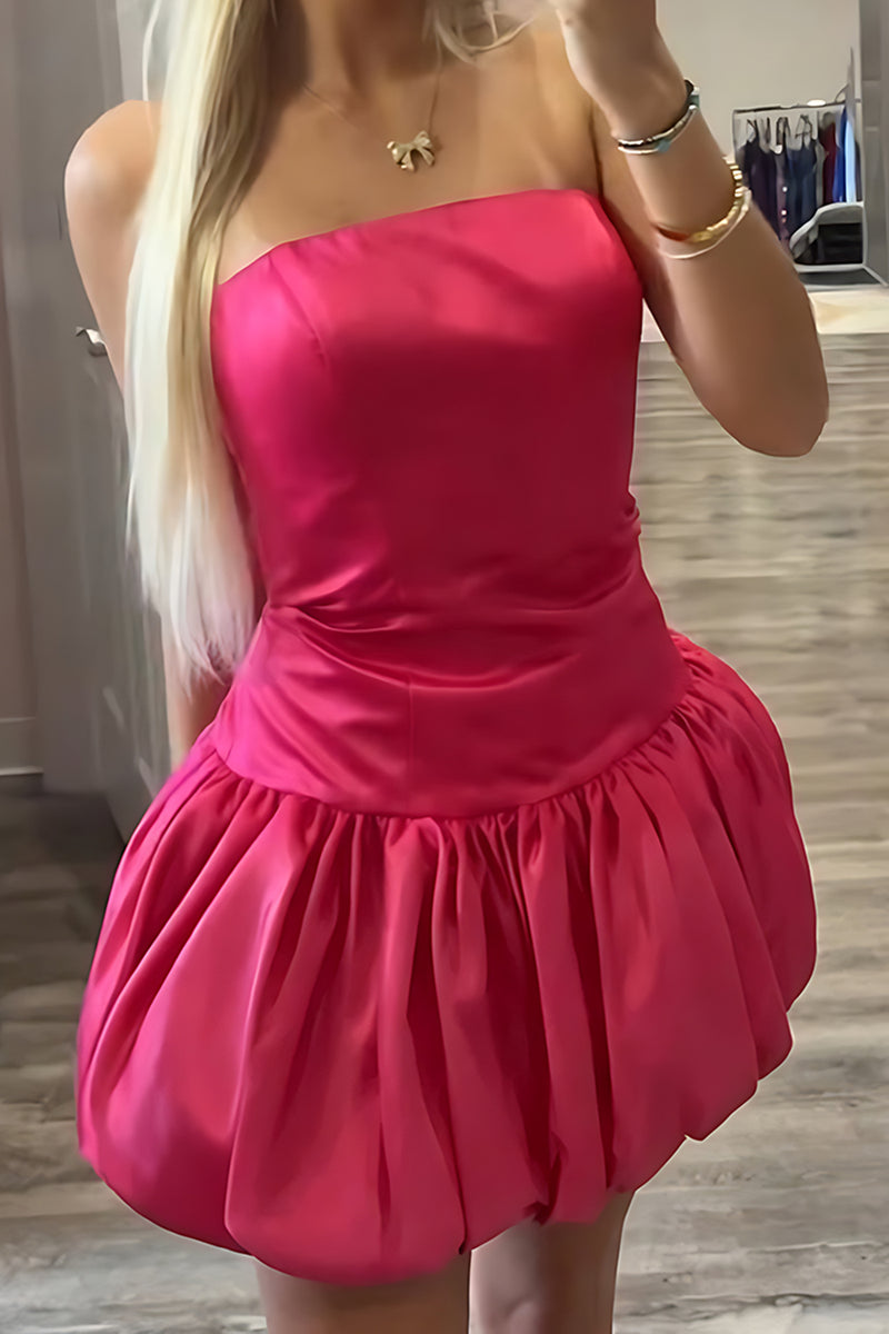 Load image into Gallery viewer, Fuchsia A Line Satin Strapless Mini Cocktail Dress