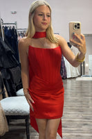 Load image into Gallery viewer, Red Corset Bodycon Satin Strapless Neck Scarf Short Cocktail Dress