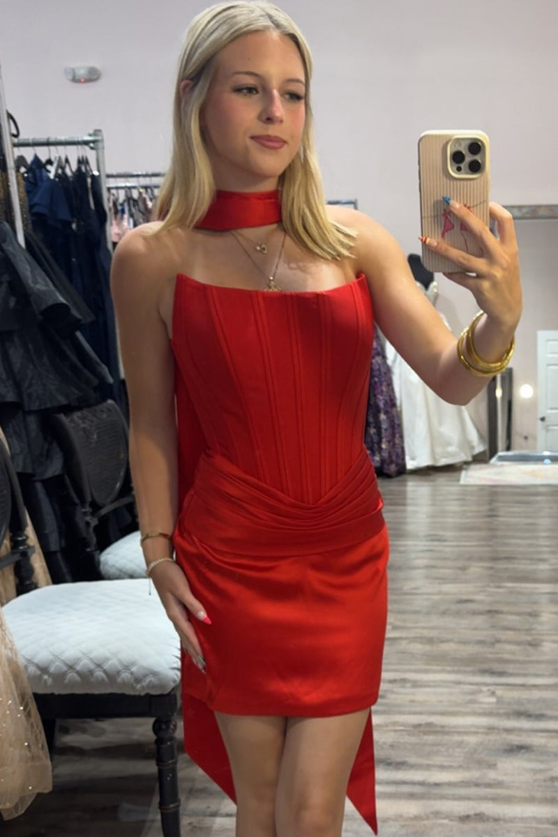 Load image into Gallery viewer, Red Corset Bodycon Satin Strapless Neck Scarf Short Cocktail Dress